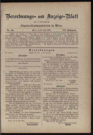 Verordnungs- und Anzeige-Blatt der k.k. General-Direction der österr. Staatsbahnen 18840628 Seite: 1