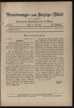 Verordnungs- und Anzeige-Blatt der k.k. General-Direction der österr. Staatsbahnen 18840701 Seite: 1