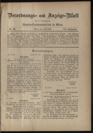 Verordnungs- und Anzeige-Blatt der k.k. General-Direction der österr. Staatsbahnen 18840704 Seite: 1