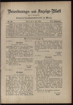 Verordnungs- und Anzeige-Blatt der k.k. General-Direction der österr. Staatsbahnen 18840709 Seite: 1