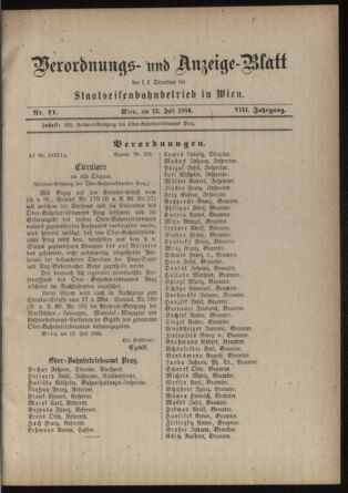 Verordnungs- und Anzeige-Blatt der k.k. General-Direction der österr. Staatsbahnen 18840712 Seite: 1