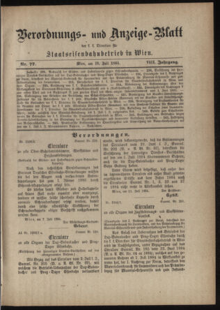 Verordnungs- und Anzeige-Blatt der k.k. General-Direction der österr. Staatsbahnen 18840719 Seite: 1