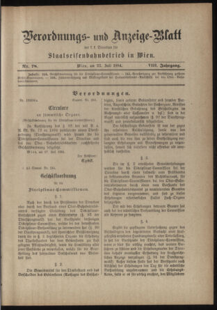 Verordnungs- und Anzeige-Blatt der k.k. General-Direction der österr. Staatsbahnen 18840723 Seite: 1