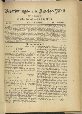 Verordnungs- und Anzeige-Blatt der k.k. General-Direction der österr. Staatsbahnen 18840727 Seite: 1