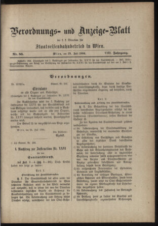 Verordnungs- und Anzeige-Blatt der k.k. General-Direction der österr. Staatsbahnen 18840729 Seite: 1