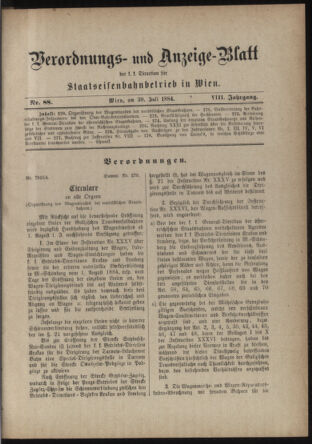 Verordnungs- und Anzeige-Blatt der k.k. General-Direction der österr. Staatsbahnen 18840730 Seite: 1