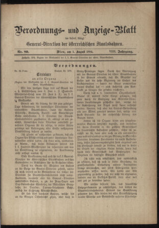 Verordnungs- und Anzeige-Blatt der k.k. General-Direction der österr. Staatsbahnen 18840801 Seite: 1