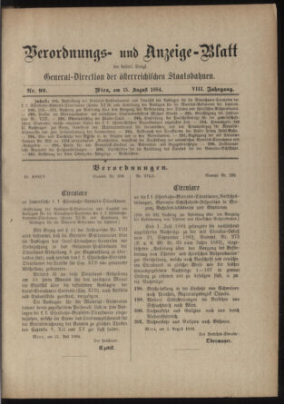 Verordnungs- und Anzeige-Blatt der k.k. General-Direction der österr. Staatsbahnen 18840815 Seite: 1