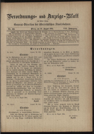 Verordnungs- und Anzeige-Blatt der k.k. General-Direction der österr. Staatsbahnen 18840825 Seite: 1