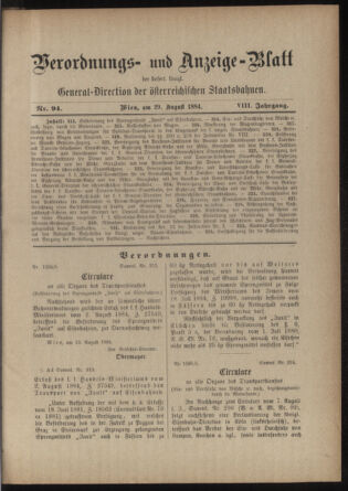 Verordnungs- und Anzeige-Blatt der k.k. General-Direction der österr. Staatsbahnen 18840829 Seite: 1