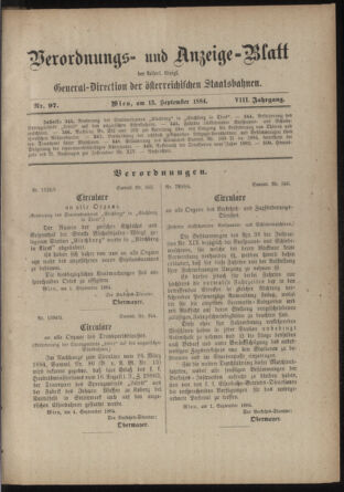 Verordnungs- und Anzeige-Blatt der k.k. General-Direction der österr. Staatsbahnen 18840913 Seite: 1