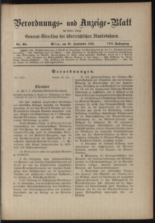 Verordnungs- und Anzeige-Blatt der k.k. General-Direction der österr. Staatsbahnen 18840920 Seite: 1