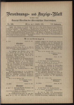 Verordnungs- und Anzeige-Blatt der k.k. General-Direction der österr. Staatsbahnen 18841004 Seite: 1