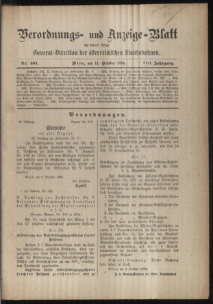 Verordnungs- und Anzeige-Blatt der k.k. General-Direction der österr. Staatsbahnen 18841011 Seite: 1