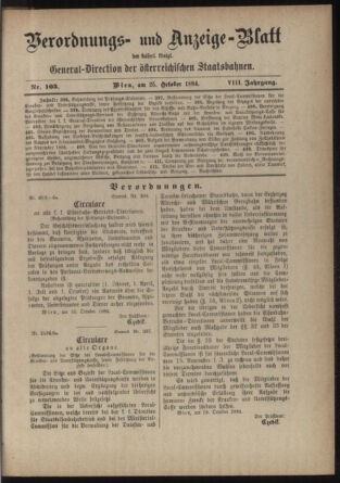 Verordnungs- und Anzeige-Blatt der k.k. General-Direction der österr. Staatsbahnen 18841025 Seite: 1