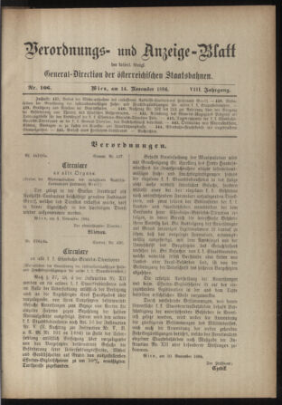 Verordnungs- und Anzeige-Blatt der k.k. General-Direction der österr. Staatsbahnen 18841114 Seite: 1