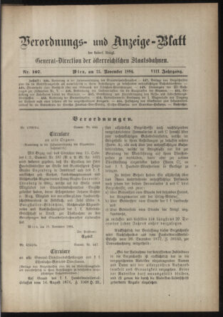 Verordnungs- und Anzeige-Blatt der k.k. General-Direction der österr. Staatsbahnen 18841123 Seite: 1