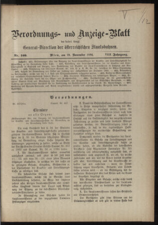 Verordnungs- und Anzeige-Blatt der k.k. General-Direction der österr. Staatsbahnen 18841129 Seite: 1