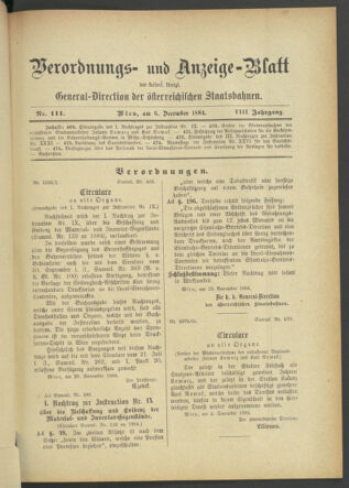 Verordnungs- und Anzeige-Blatt der k.k. General-Direction der österr. Staatsbahnen 18841206 Seite: 1