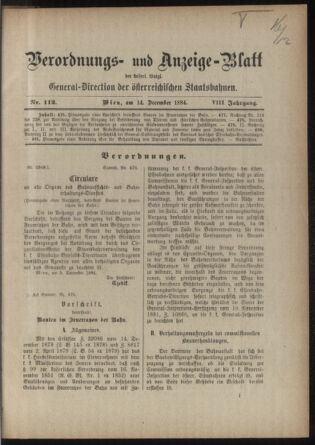 Verordnungs- und Anzeige-Blatt der k.k. General-Direction der österr. Staatsbahnen 18841214 Seite: 1