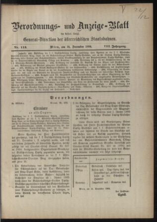 Verordnungs- und Anzeige-Blatt der k.k. General-Direction der österr. Staatsbahnen 18841221 Seite: 1