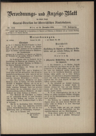 Verordnungs- und Anzeige-Blatt der k.k. General-Direction der österr. Staatsbahnen 18841224 Seite: 1