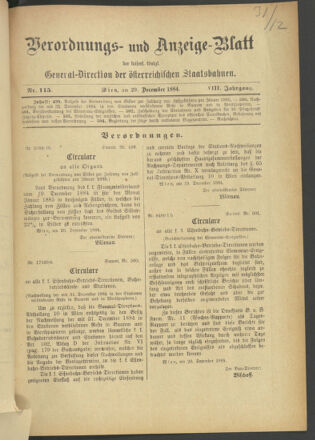 Verordnungs- und Anzeige-Blatt der k.k. General-Direction der österr. Staatsbahnen 18841229 Seite: 1