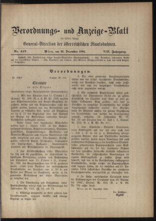 Verordnungs- und Anzeige-Blatt der k.k. General-Direction der österr. Staatsbahnen 18841230 Seite: 1