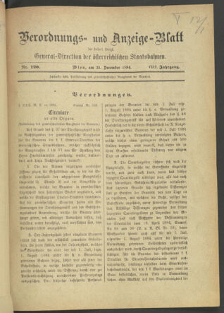 Verordnungs- und Anzeige-Blatt der k.k. General-Direction der österr. Staatsbahnen 18841231 Seite: 1