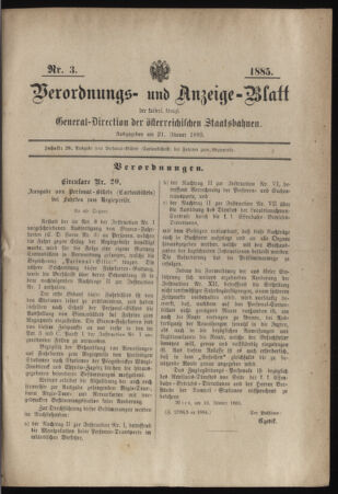 Verordnungs- und Anzeige-Blatt der k.k. General-Direction der österr. Staatsbahnen 18850121 Seite: 1