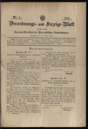 Verordnungs- und Anzeige-Blatt der k.k. General-Direction der österr. Staatsbahnen 18850122 Seite: 1