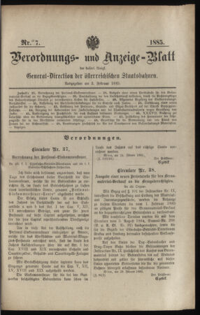 Verordnungs- und Anzeige-Blatt der k.k. General-Direction der österr. Staatsbahnen 18850203 Seite: 1