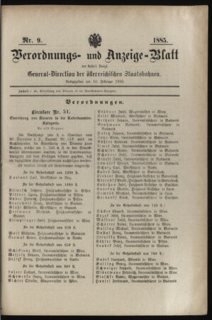 Verordnungs- und Anzeige-Blatt der k.k. General-Direction der österr. Staatsbahnen 18850210 Seite: 1