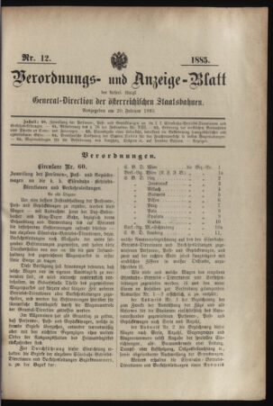 Verordnungs- und Anzeige-Blatt der k.k. General-Direction der österr. Staatsbahnen 18850220 Seite: 1