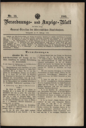 Verordnungs- und Anzeige-Blatt der k.k. General-Direction der österr. Staatsbahnen 18850221 Seite: 1