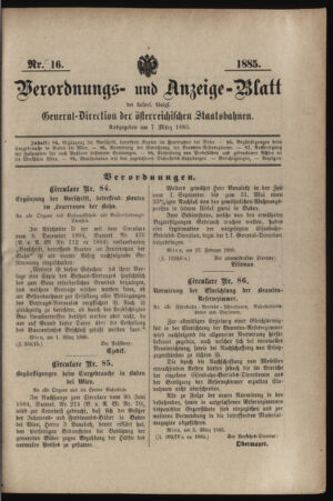 Verordnungs- und Anzeige-Blatt der k.k. General-Direction der österr. Staatsbahnen 18850307 Seite: 1