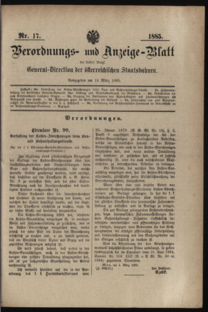 Verordnungs- und Anzeige-Blatt der k.k. General-Direction der österr. Staatsbahnen 18850314 Seite: 1