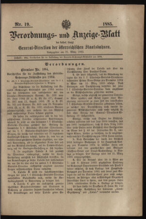 Verordnungs- und Anzeige-Blatt der k.k. General-Direction der österr. Staatsbahnen 18850321 Seite: 1