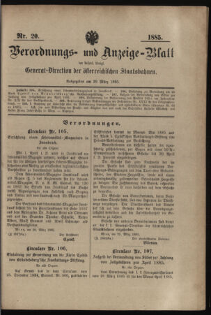 Verordnungs- und Anzeige-Blatt der k.k. General-Direction der österr. Staatsbahnen 18850329 Seite: 1