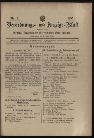 Verordnungs- und Anzeige-Blatt der k.k. General-Direction der österr. Staatsbahnen 18850403 Seite: 1