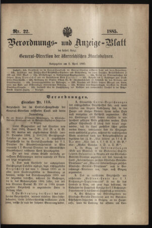 Verordnungs- und Anzeige-Blatt der k.k. General-Direction der österr. Staatsbahnen 18850405 Seite: 1