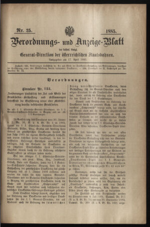 Verordnungs- und Anzeige-Blatt der k.k. General-Direction der österr. Staatsbahnen 18850417 Seite: 1