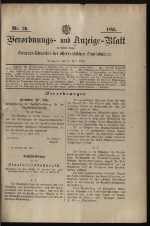 Verordnungs- und Anzeige-Blatt der k.k. General-Direction der österr. Staatsbahnen 18850420 Seite: 1