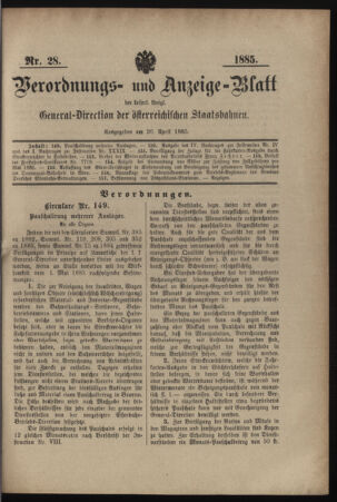 Verordnungs- und Anzeige-Blatt der k.k. General-Direction der österr. Staatsbahnen 18850426 Seite: 1