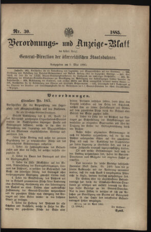 Verordnungs- und Anzeige-Blatt der k.k. General-Direction der österr. Staatsbahnen 18850505 Seite: 1