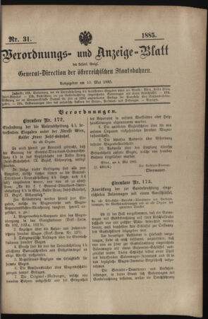 Verordnungs- und Anzeige-Blatt der k.k. General-Direction der österr. Staatsbahnen 18850510 Seite: 1