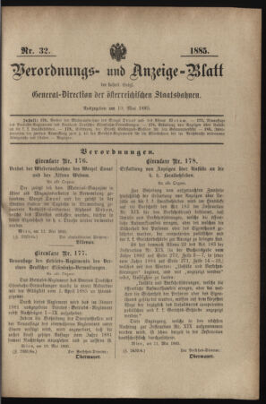 Verordnungs- und Anzeige-Blatt der k.k. General-Direction der österr. Staatsbahnen 18850519 Seite: 1