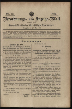 Verordnungs- und Anzeige-Blatt der k.k. General-Direction der österr. Staatsbahnen 18850522 Seite: 1