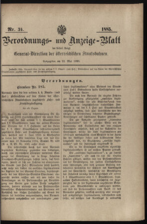 Verordnungs- und Anzeige-Blatt der k.k. General-Direction der österr. Staatsbahnen 18850523 Seite: 1