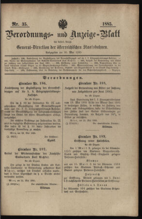 Verordnungs- und Anzeige-Blatt der k.k. General-Direction der österr. Staatsbahnen 18850530 Seite: 1